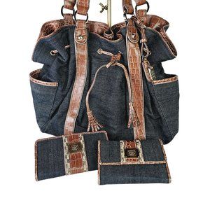 Vintage Y2K Liz Claiborne Denim Vegan Leather Hobo Bag & 2 Matching Wallets